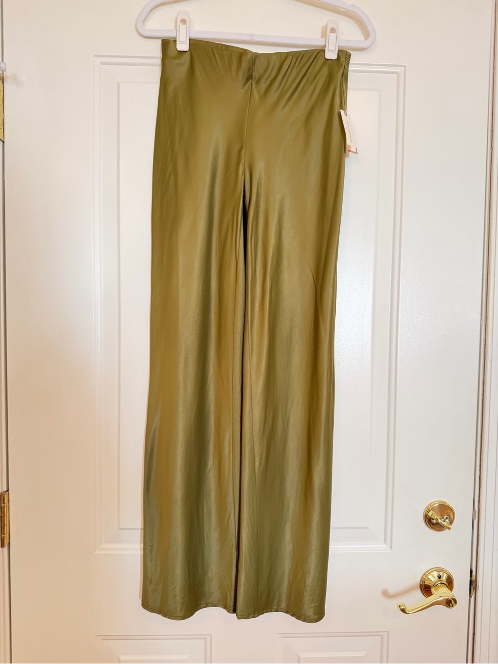 Anthropologie Olive Green Wide-Leg Satin Trousers